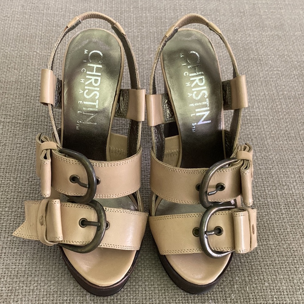 Christin Michaels Carra Natural Vacchetta Platform Leather Sandals - Siz…